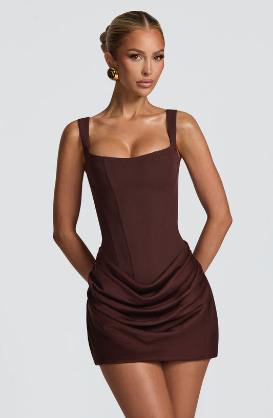 Regina™ - Vestido Mini en Crêpe y Lyocell Marrón Ciruela
