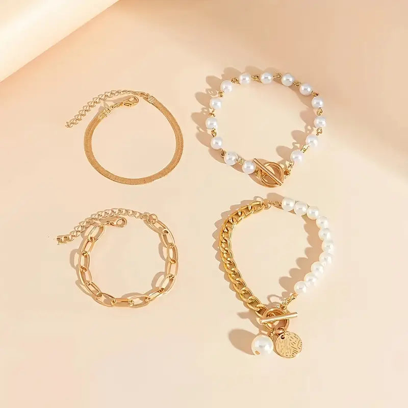 Chic Oro 4-Piece Pulsera Set - Snake, Perlas & Eslabones | Oro