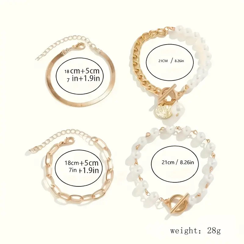 Chic Oro 4-Piece Pulsera Set - Snake, Perlas & Eslabones | Oro
