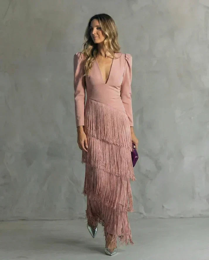 Clara™ - Vestido de Gala con Mangas de Flecos