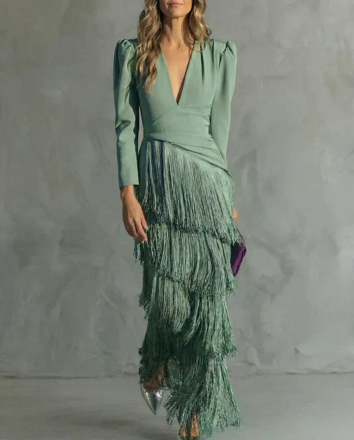 Clara™ - Vestido de Gala con Mangas de Flecos