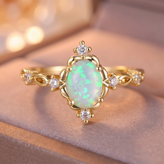 Anillo de Ópalo de Fuego Blanco con Flor