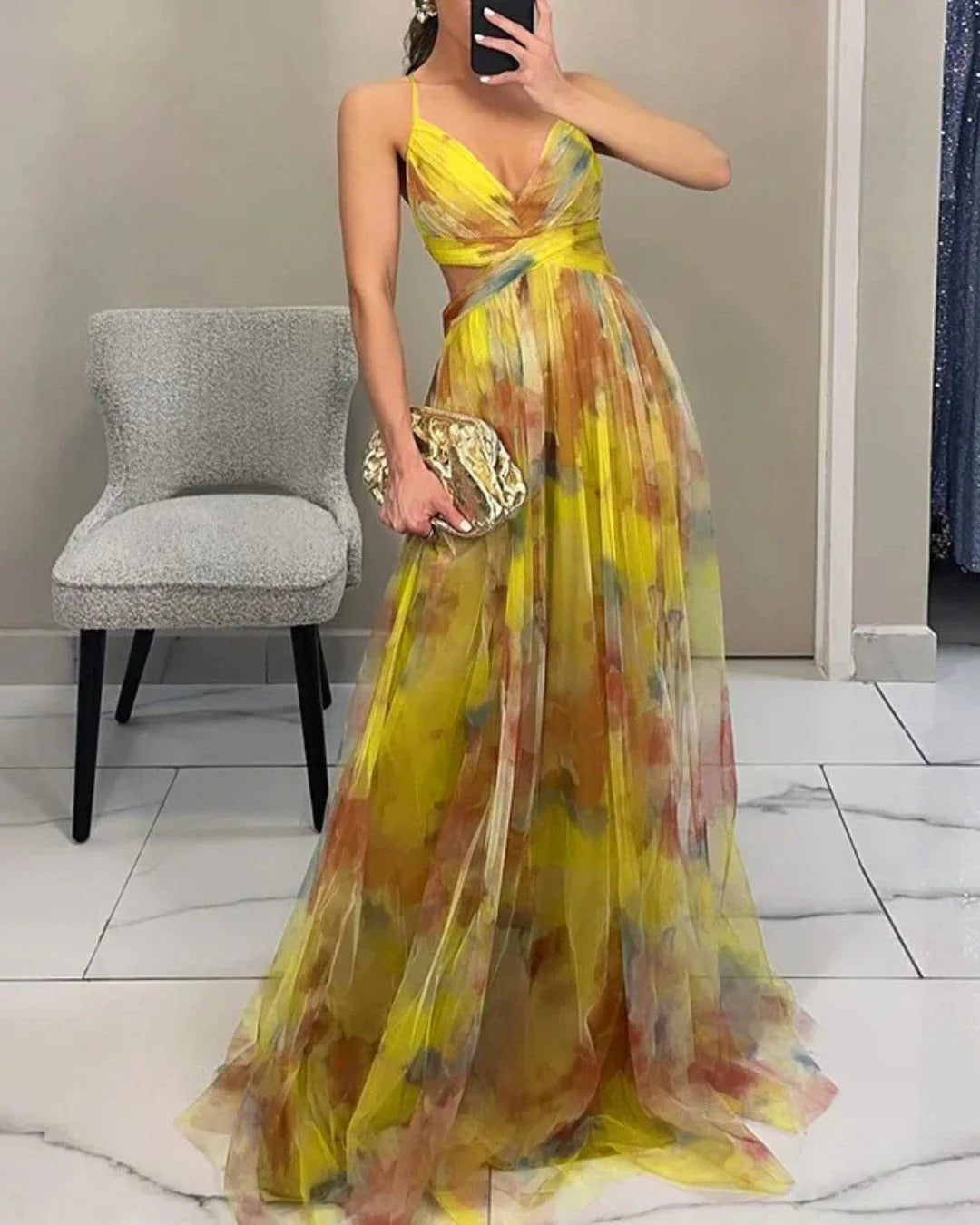 Aitana™ - Vestido de Gala en Gasa con Estampado Floral