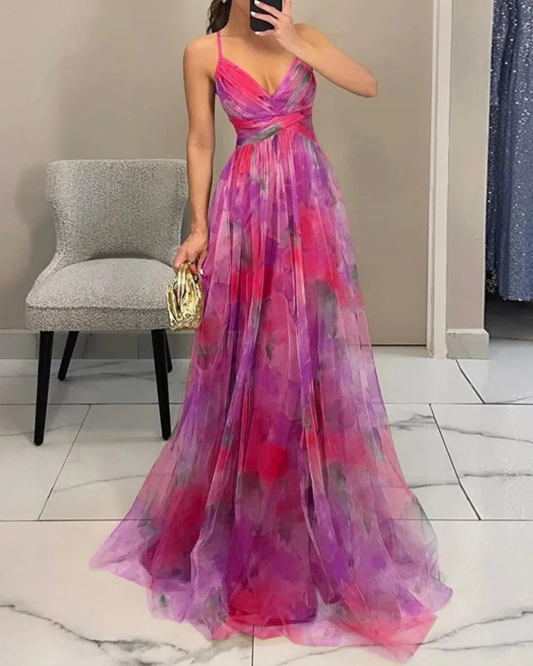 Aitana™ - Vestido de Gala en Gasa con Estampado Floral