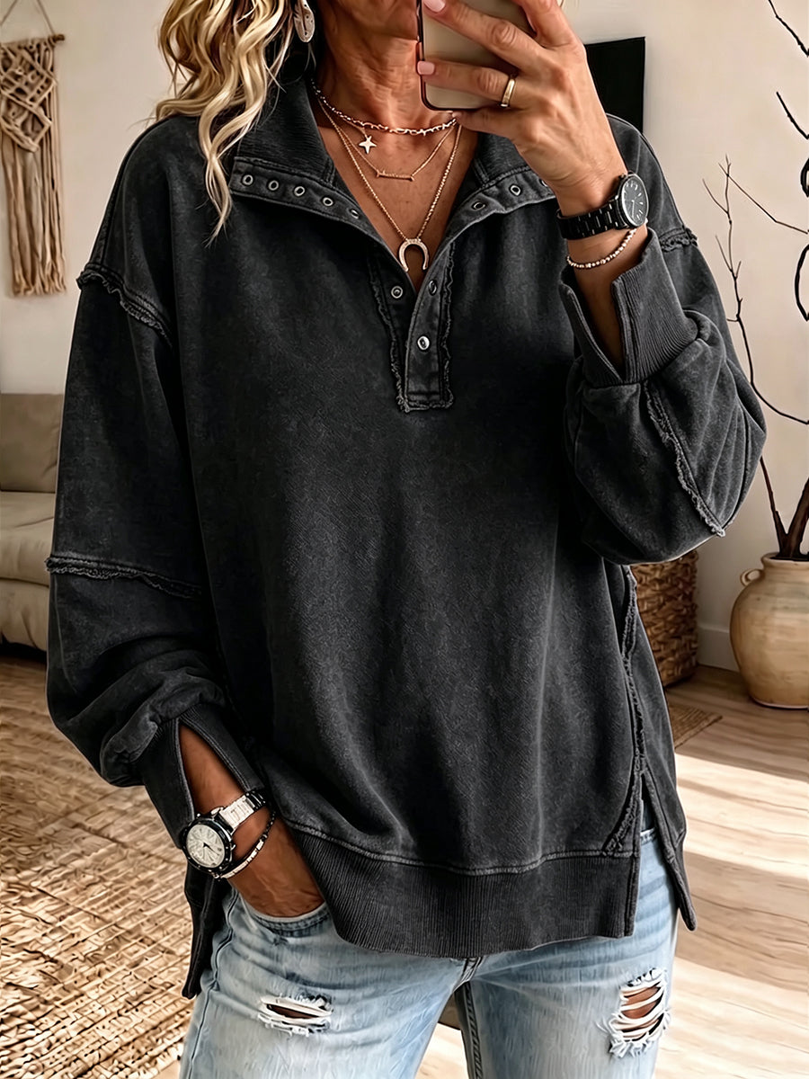 Sudadera Henley oversize de algodón con bordes sin rematar