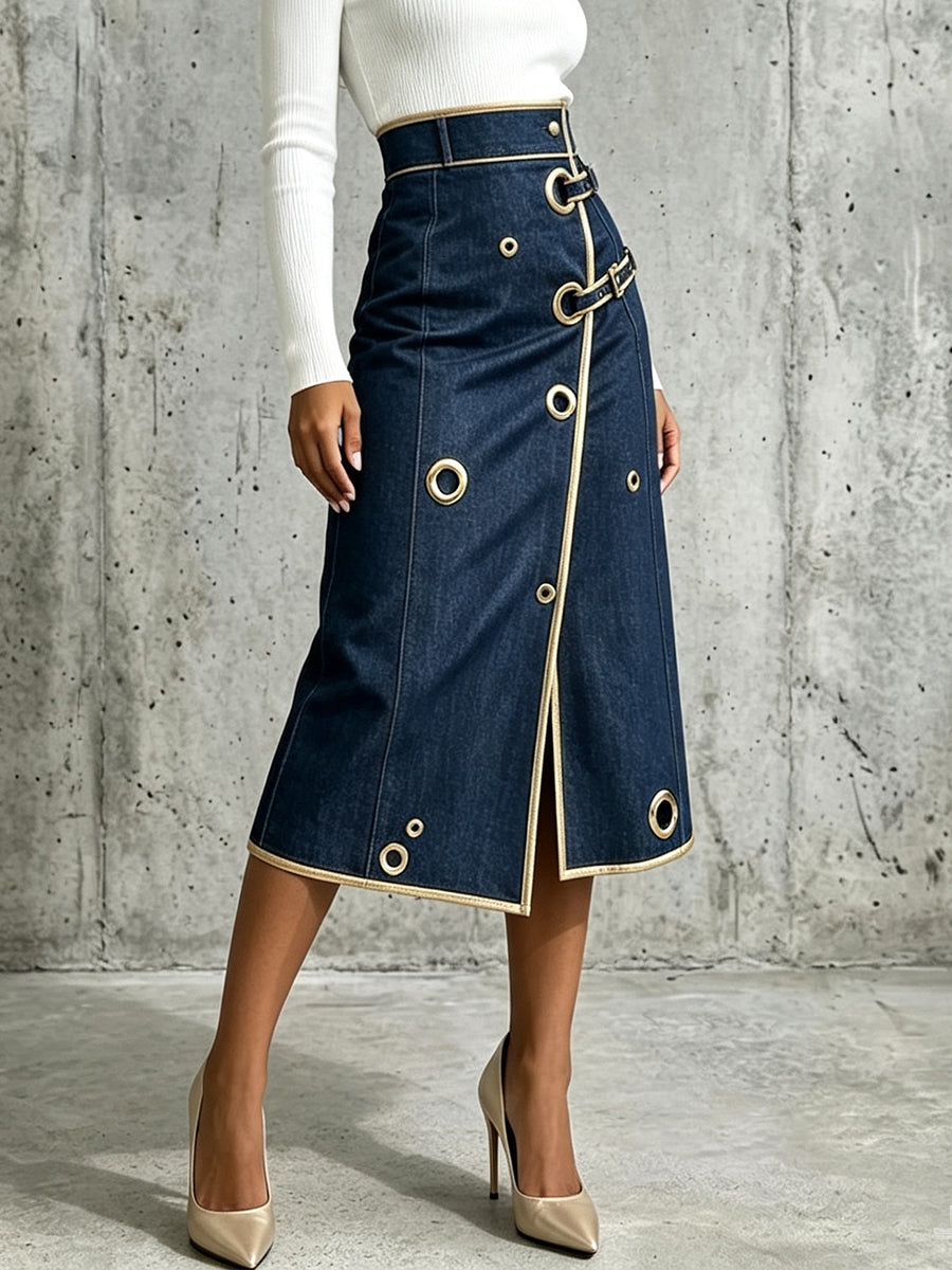 Elegante falda midi vaquera con ribete dorado