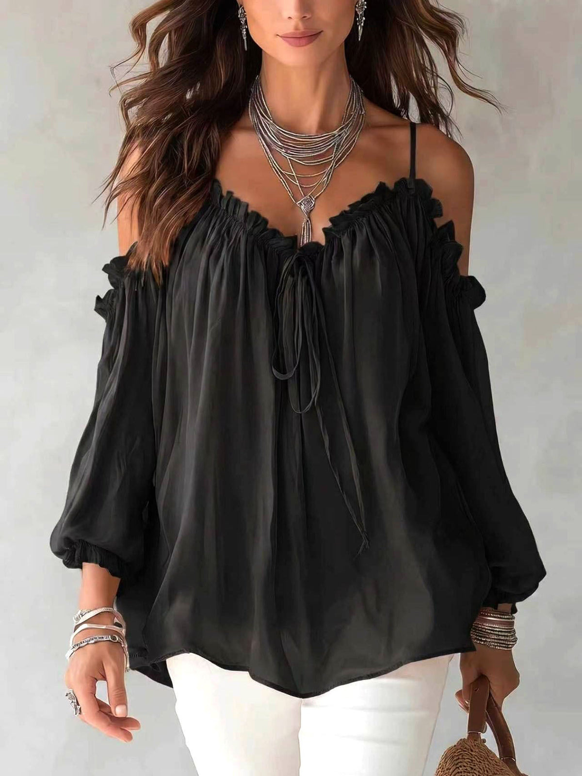 Blusa boho de gasa con volantes y hombros descubiertos