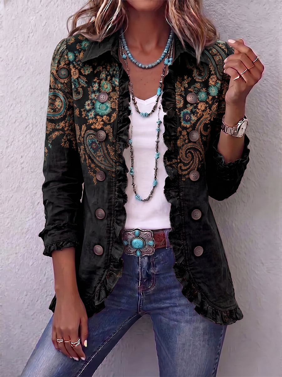 Chaqueta bohemia con estampado paisley y volantes