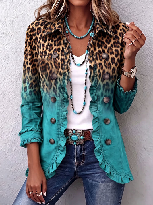 Blazer boho de leopardo y turquesa con volantes