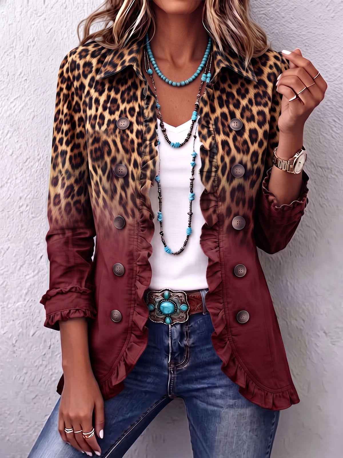 Blazer boho de leopardo y turquesa con volantes