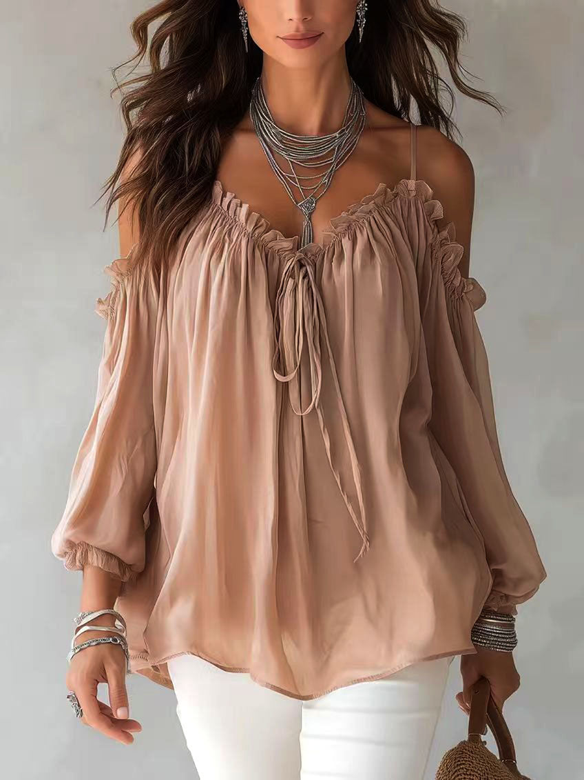 Blusa boho de gasa con volantes y hombros descubiertos