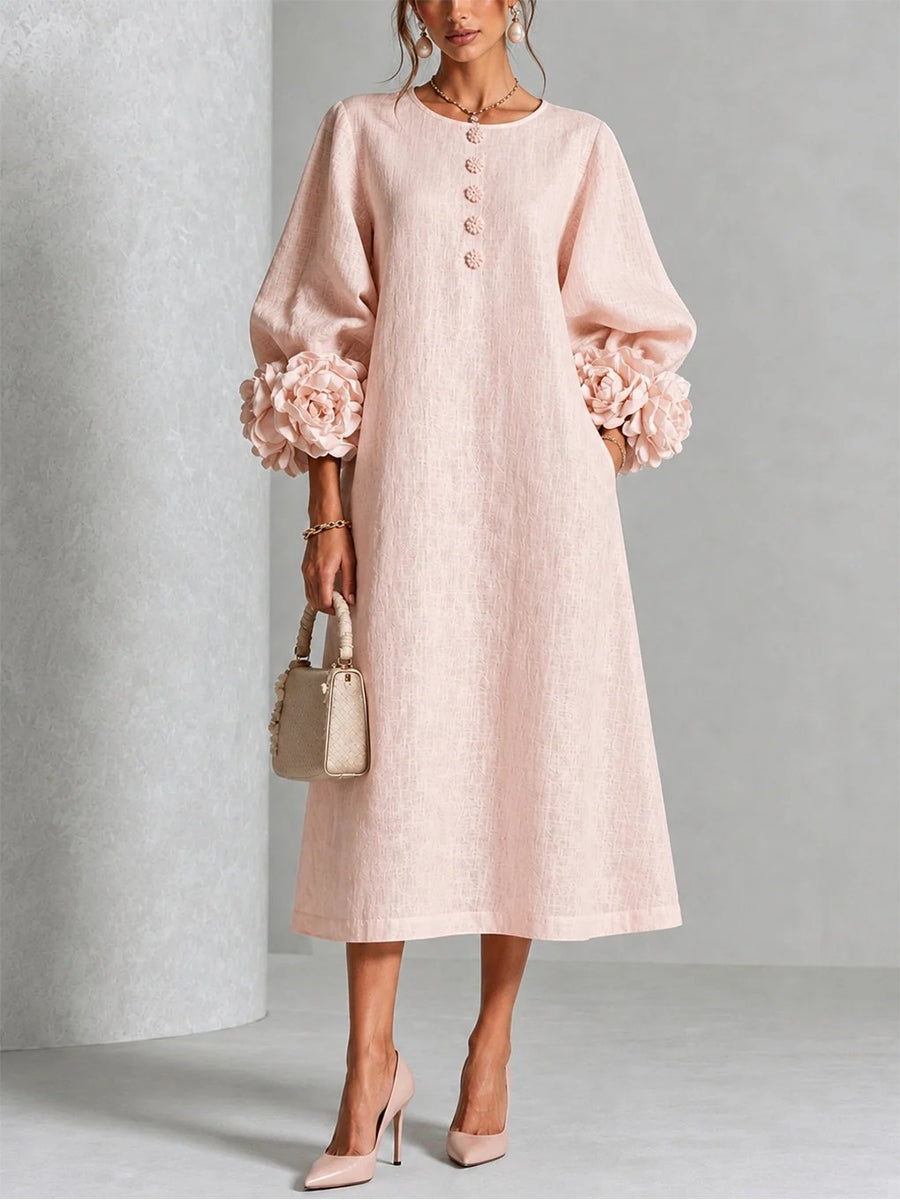 Elegante vestido midi rosa empolvado con rosetas 3D