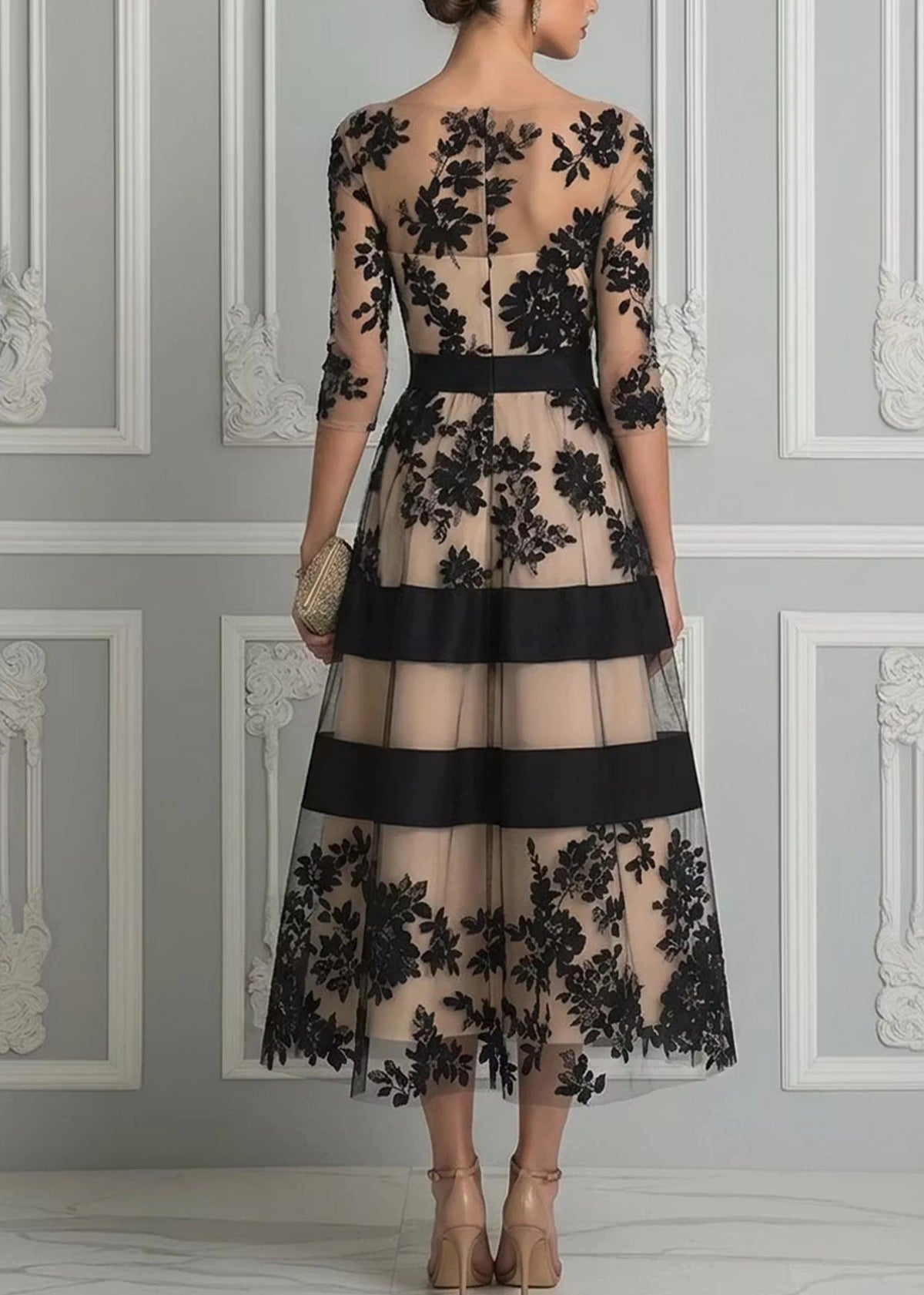Elegante vestido midi de noche de encaje floral y tul