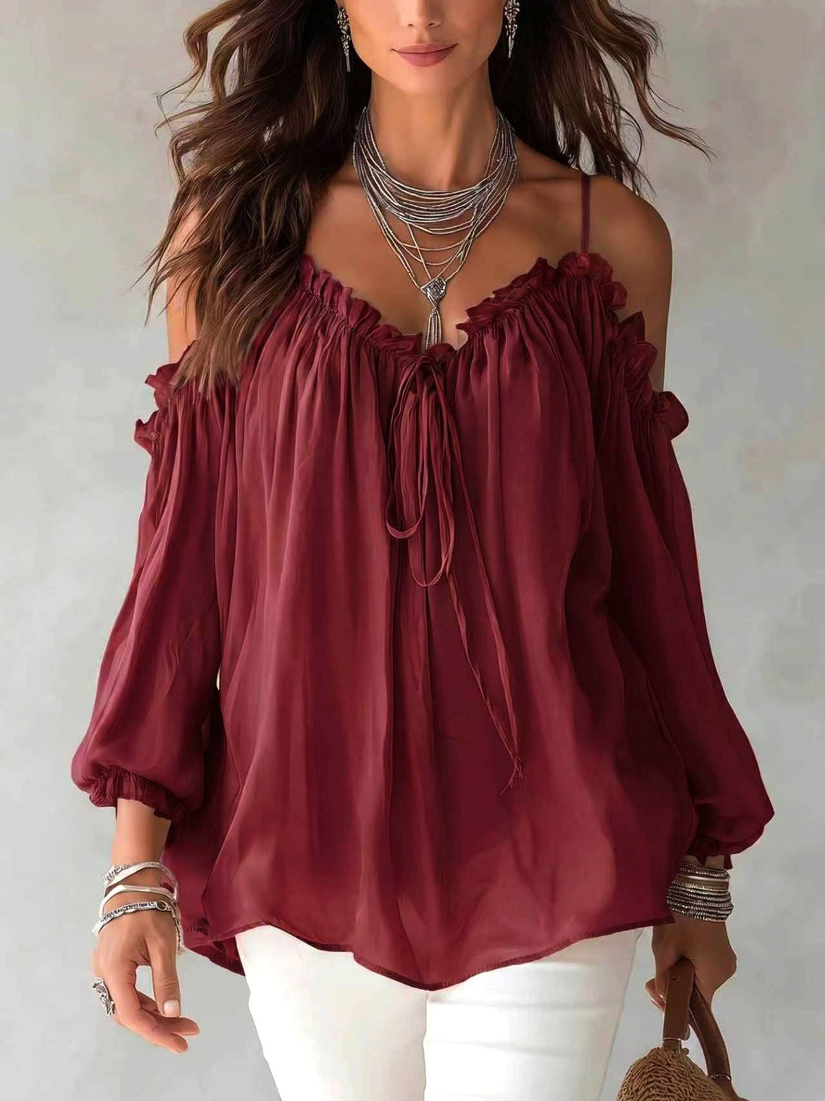 Blusa boho de gasa con volantes y hombros descubiertos