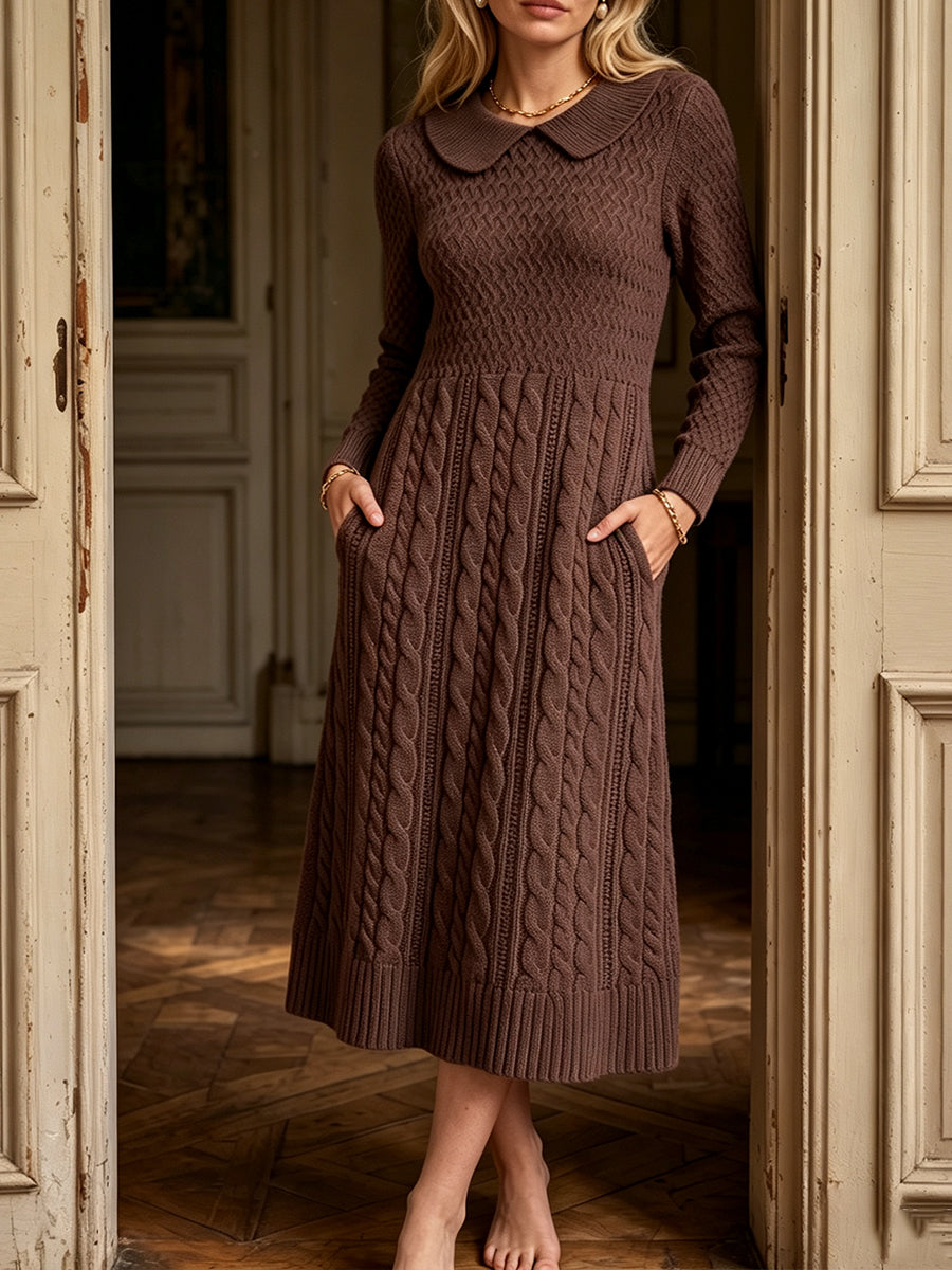 Vestido midi clásico marrón de punto trenzado con cuello