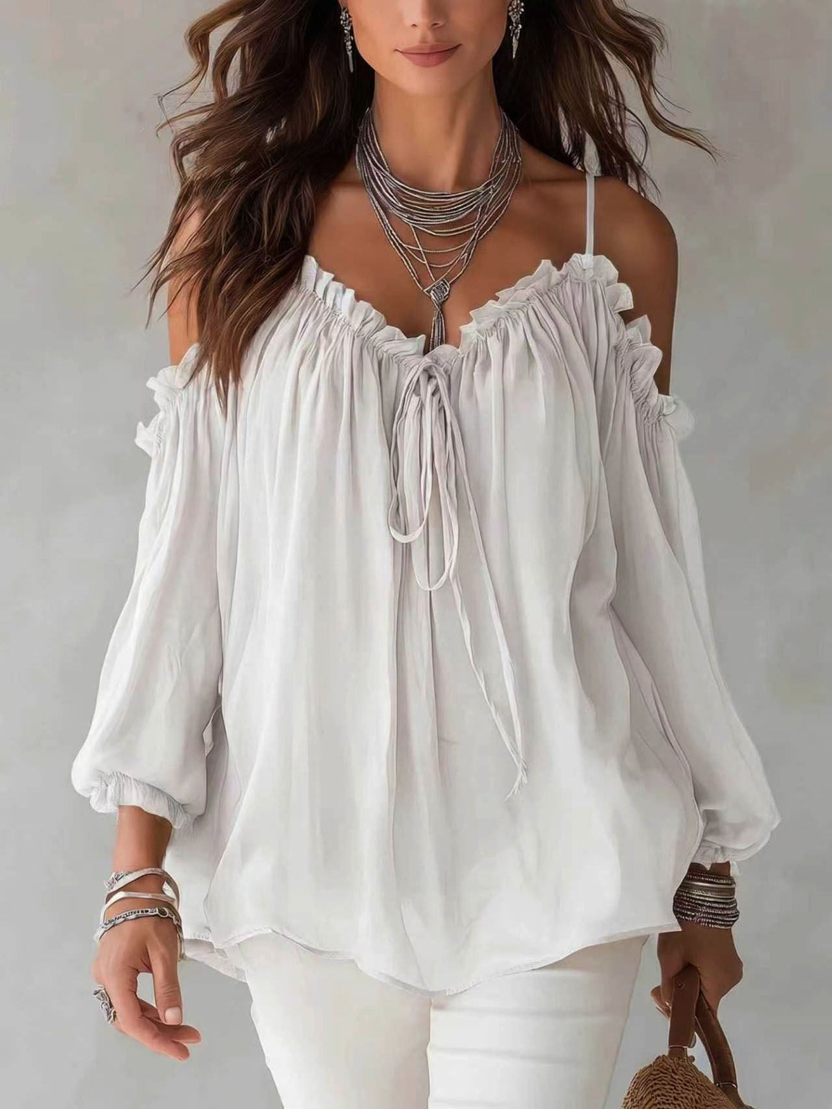 Blusa boho de gasa con volantes y hombros descubiertos
