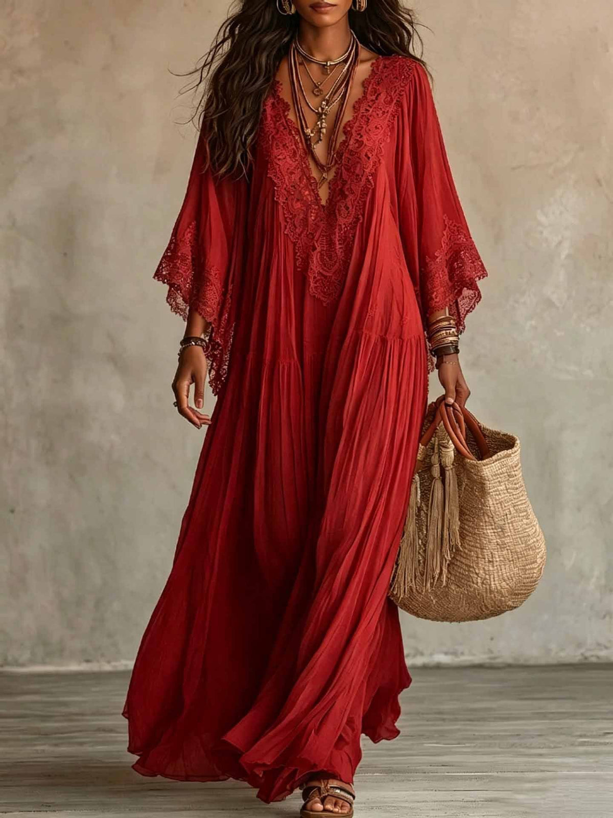 Vestido maxi romántico de encaje y gasa con patchwork