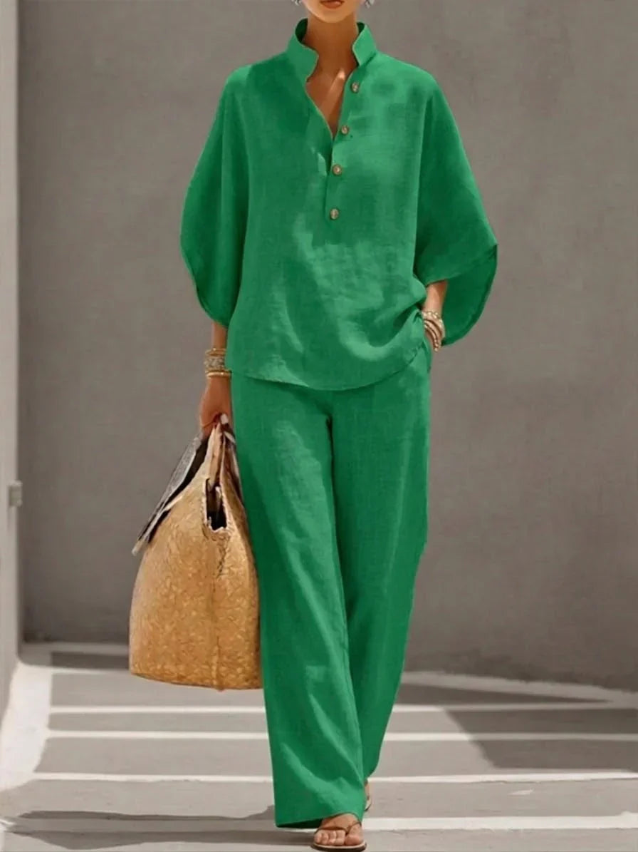 Sofía | Conjunto en lino con mangas murciélago y pantalón ancho