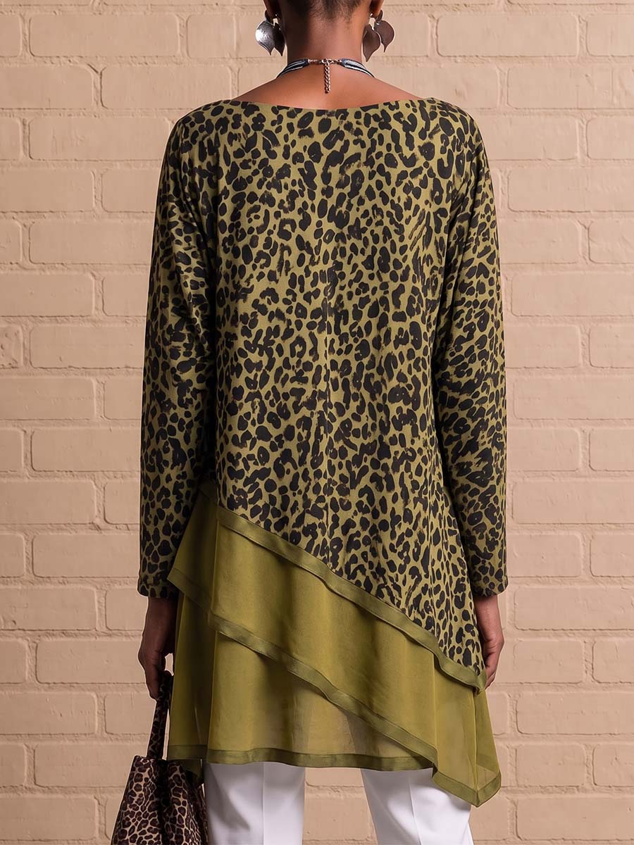 Top de patchwork holgado de manga larga con estampado de leopardo para mujer