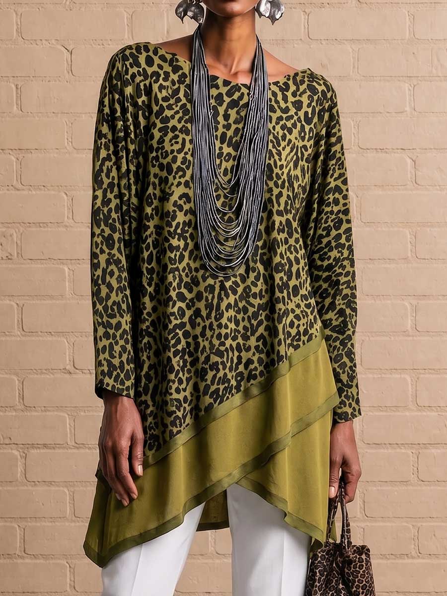 Top de patchwork holgado de manga larga con estampado de leopardo para mujer