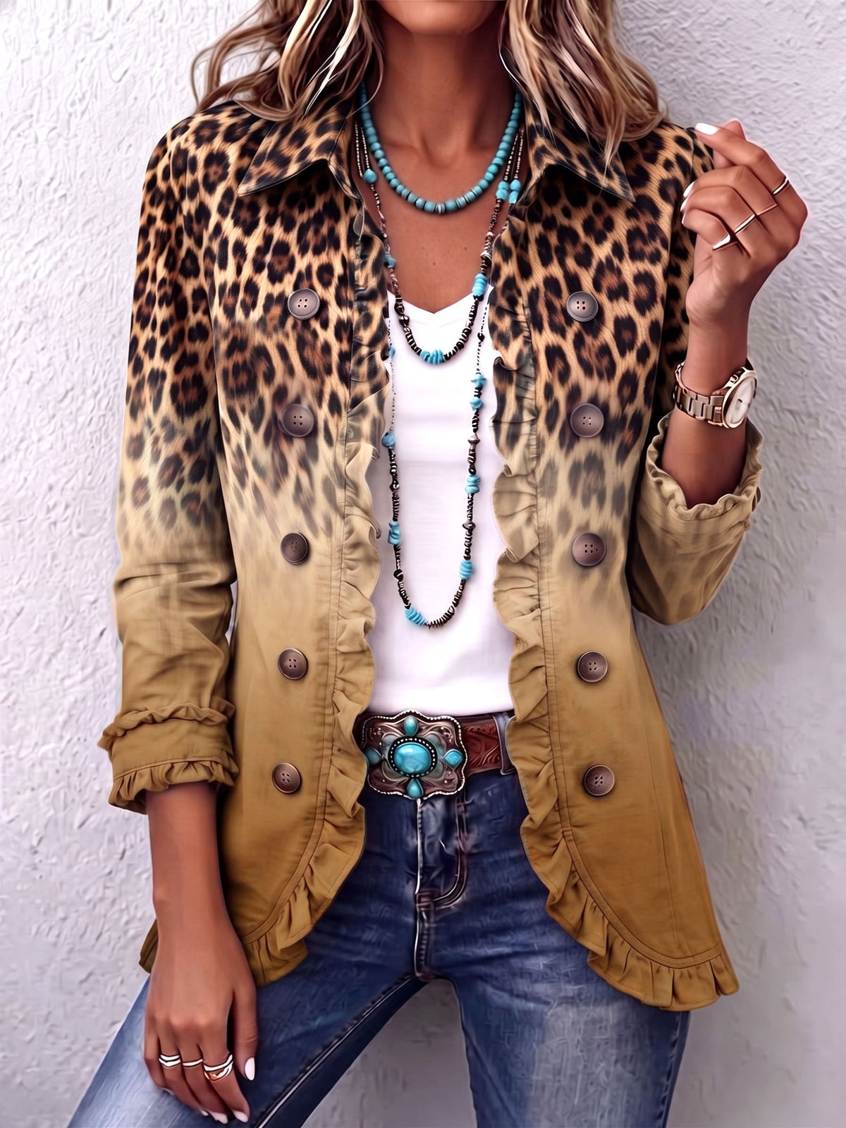 Blazer boho de leopardo y turquesa con volantes