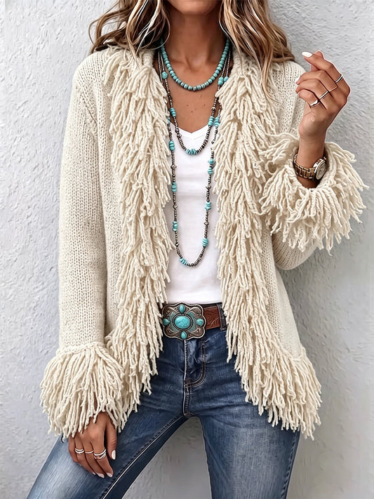 Cárdigan de punto beige con flecos y diseño abierto