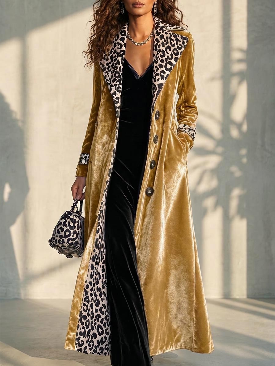 Abrigo largo retro de terciopelo con solapas de bloques de color de leopardo