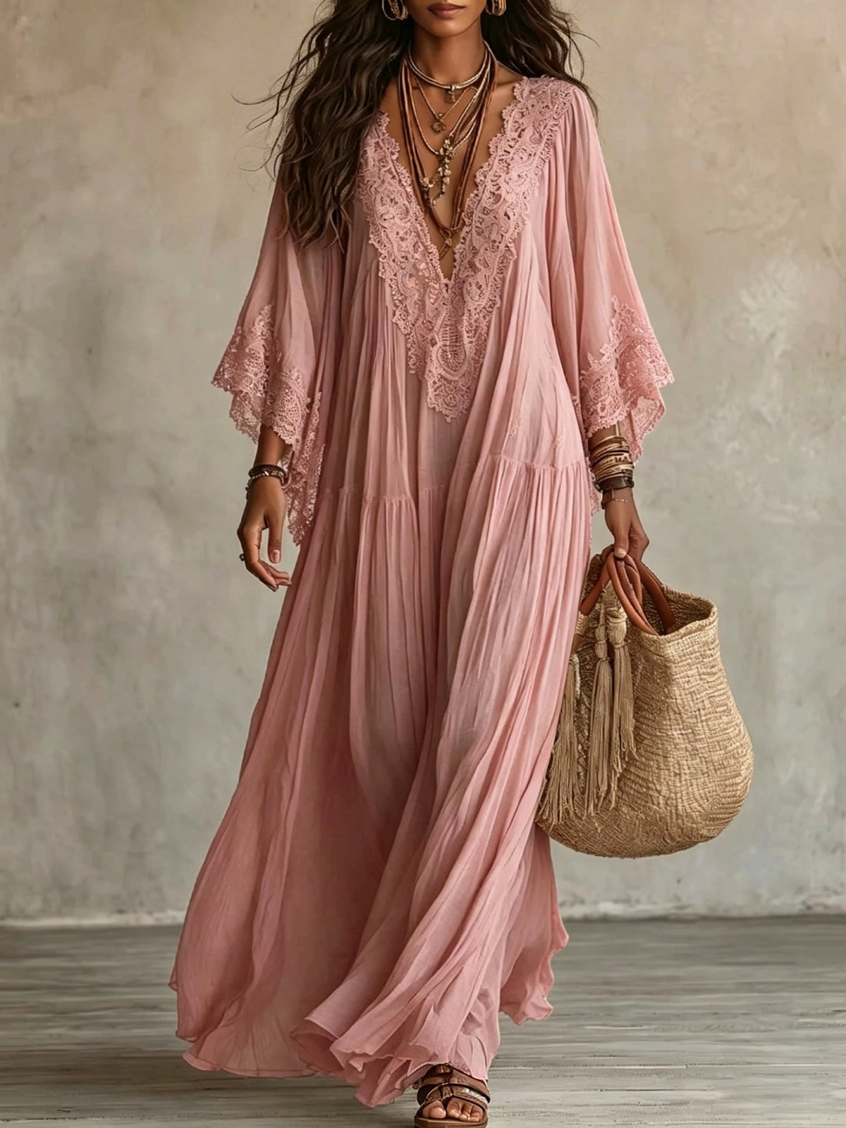 Vestido maxi romántico de encaje y gasa con patchwork