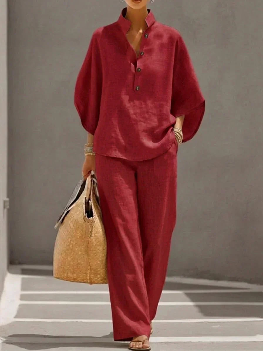 Sofía | Conjunto en lino con mangas murciélago y pantalón ancho