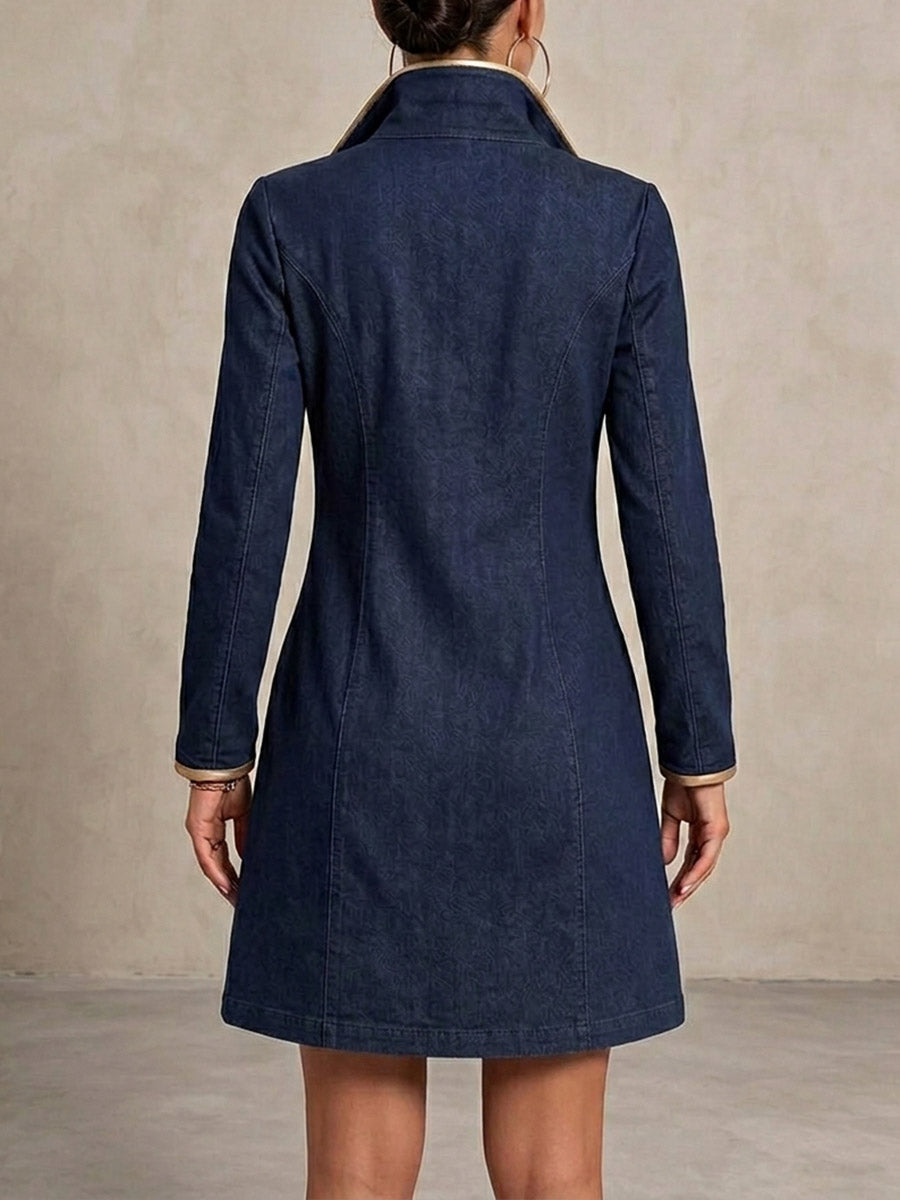 Vestido vaquero holgado de manga larga con ribete dorado y ojales metálicos