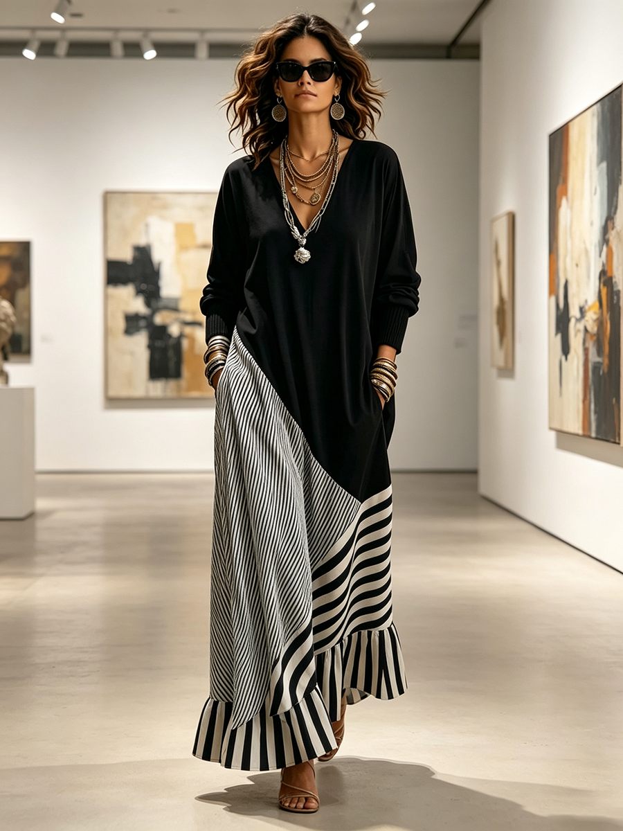 Elegante vestido maxi negro y de rayas con tejido elástico