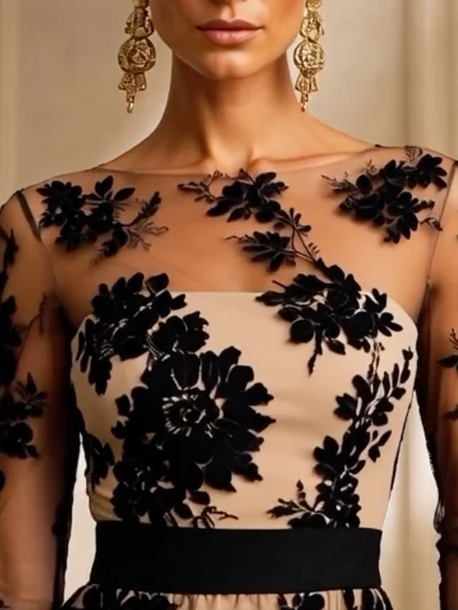 Elegante vestido midi de noche de encaje floral y tul