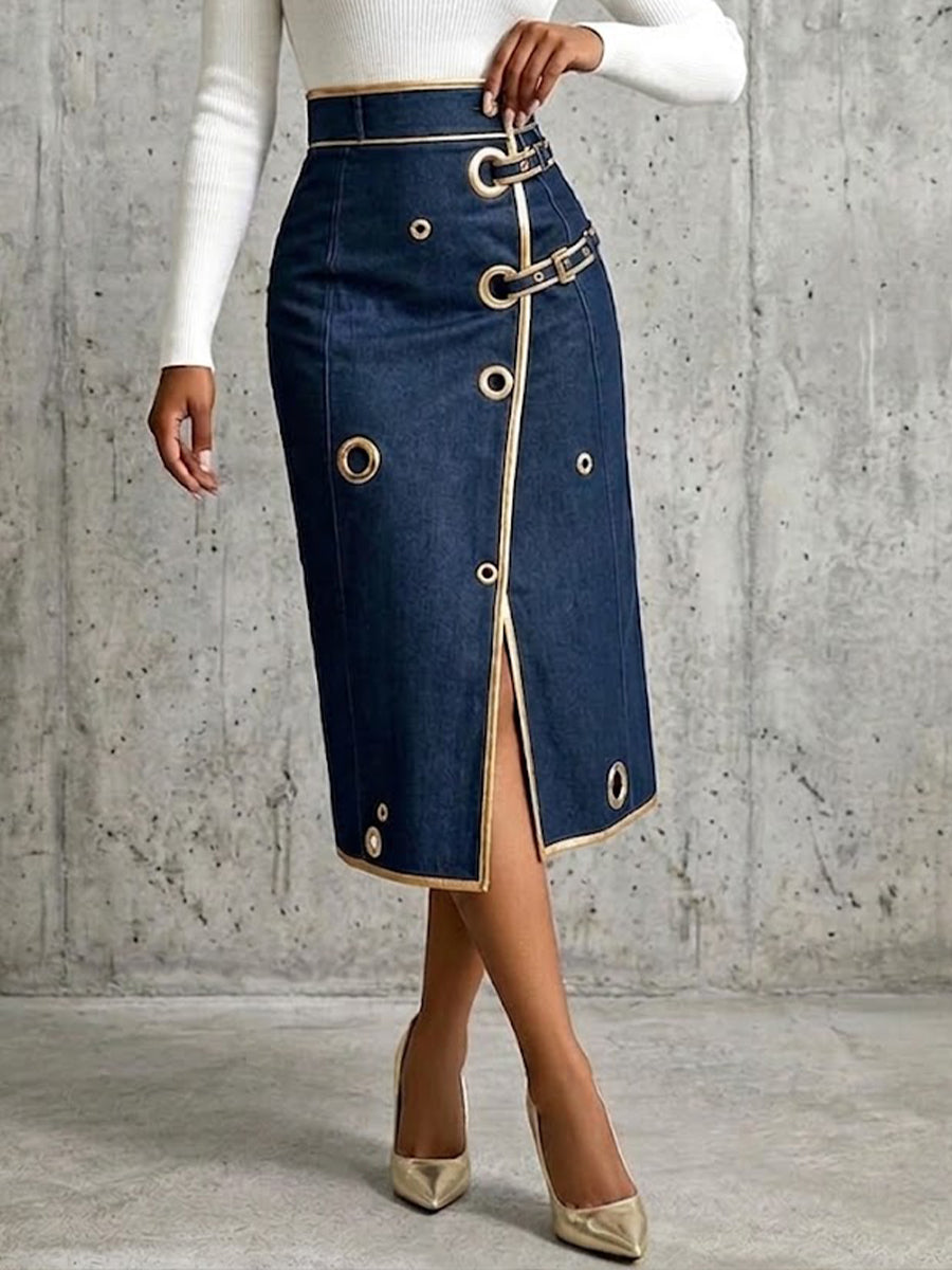 Elegante falda midi vaquera con ribete dorado
