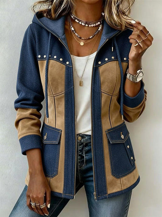 Elegante chaqueta con capucha de patchwork de algodón