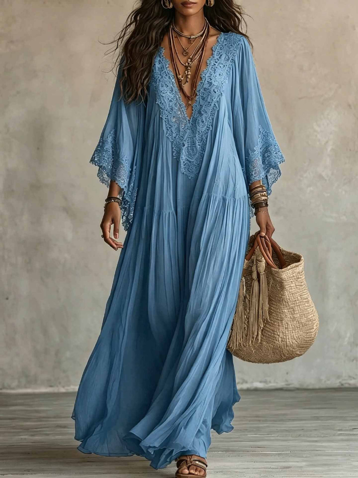Vestido maxi romántico de encaje y gasa con patchwork