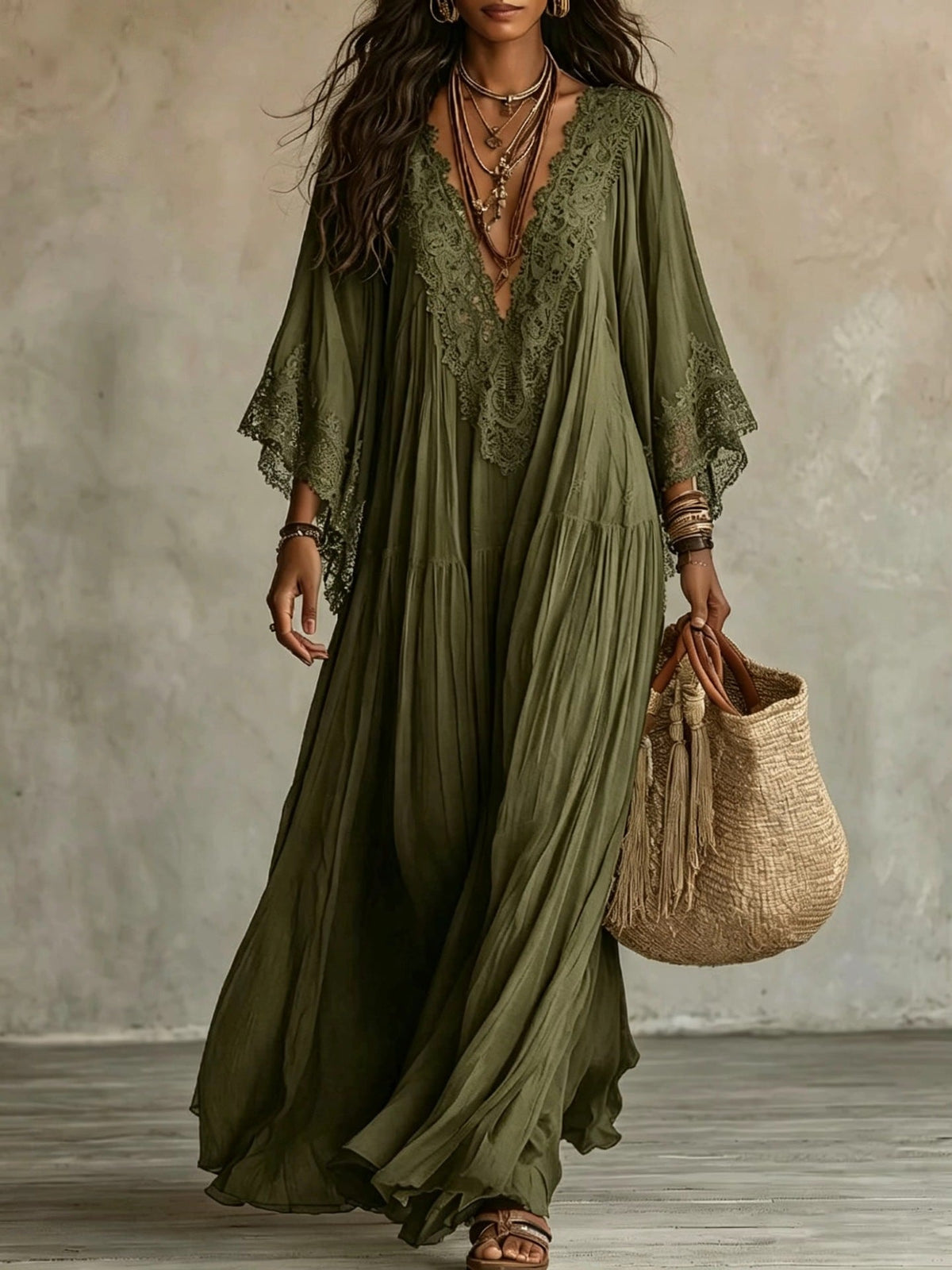 Vestido maxi romántico de encaje y gasa con patchwork