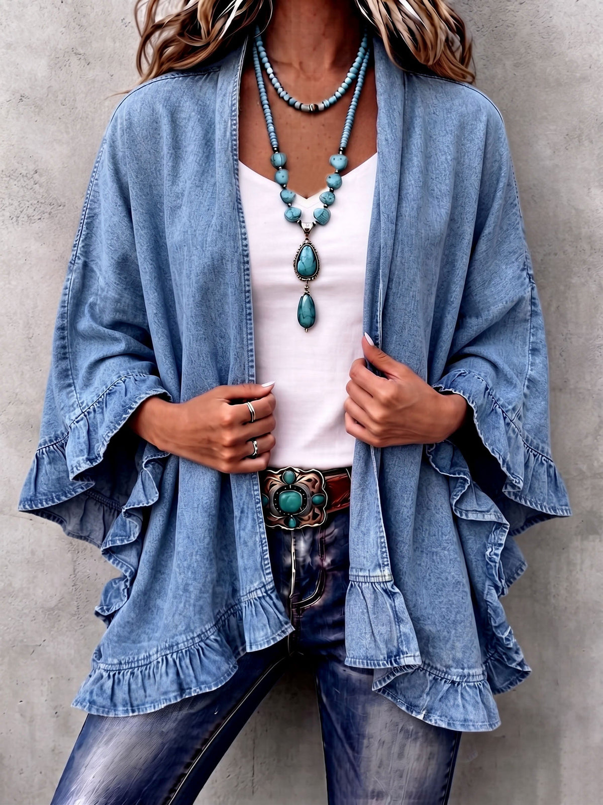 Cárdigan vaquero boho-chic con ribete de volantes