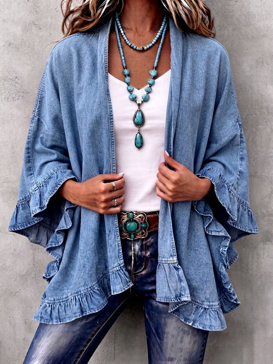 Cárdigan vaquero boho-chic con ribete de volantes