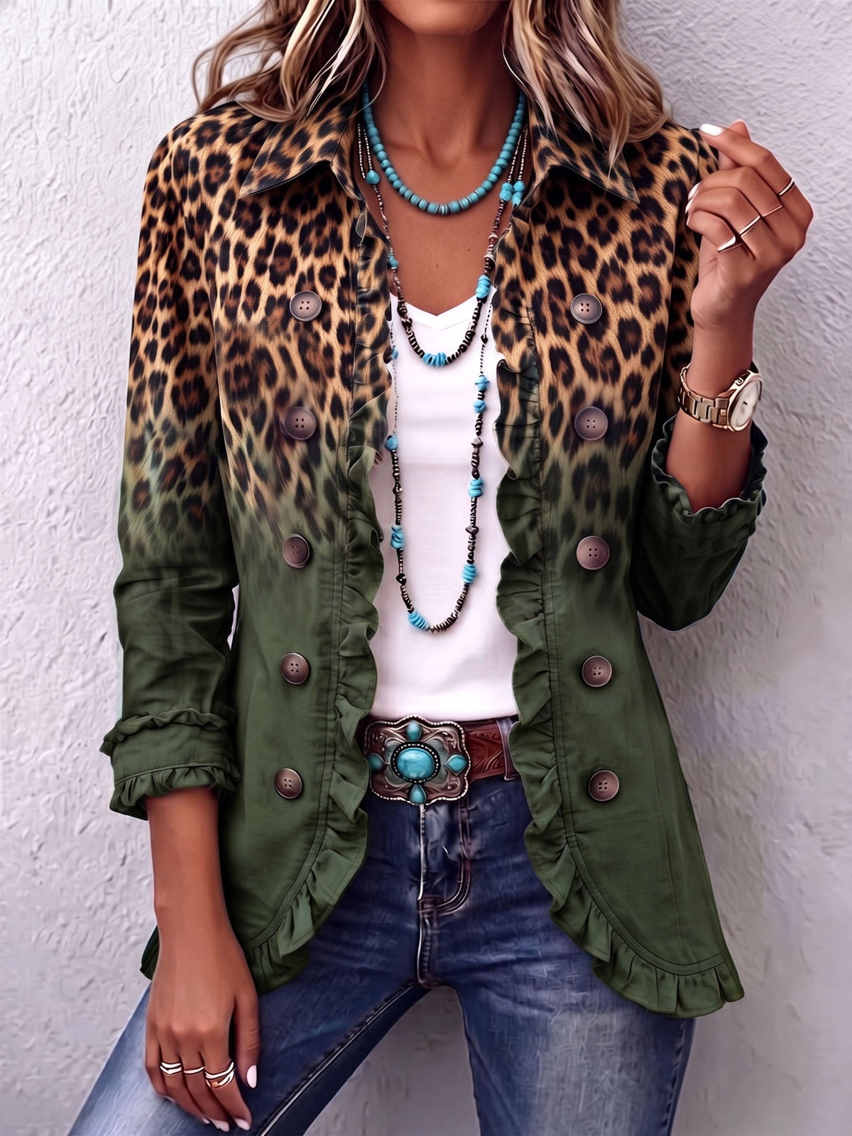 Blazer boho de leopardo y turquesa con volantes