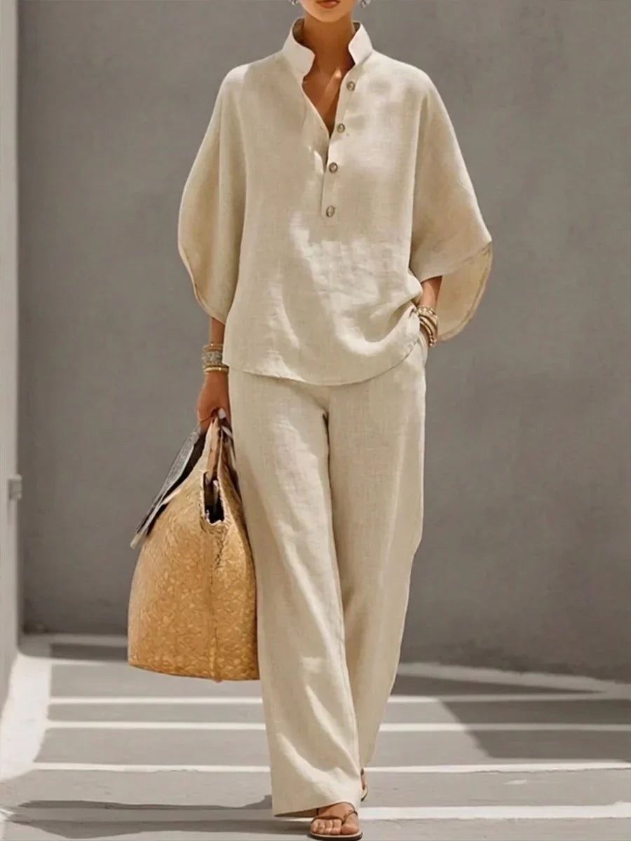 Sofía | Conjunto en lino con mangas murciélago y pantalón ancho