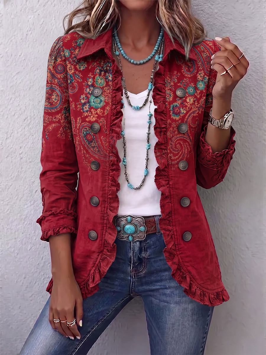 Chaqueta bohemia con estampado paisley y volantes