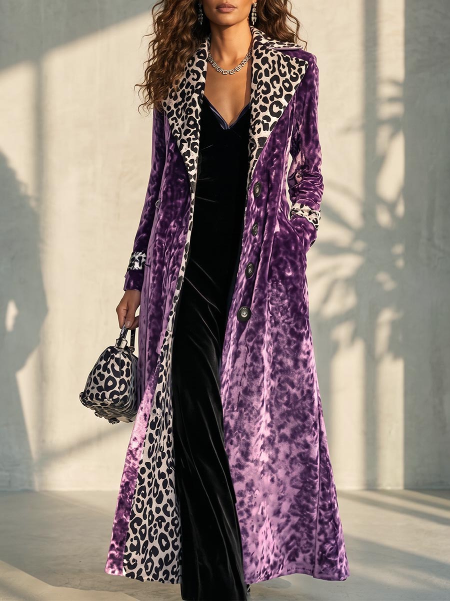 Abrigo largo retro de terciopelo con solapas de bloques de color de leopardo