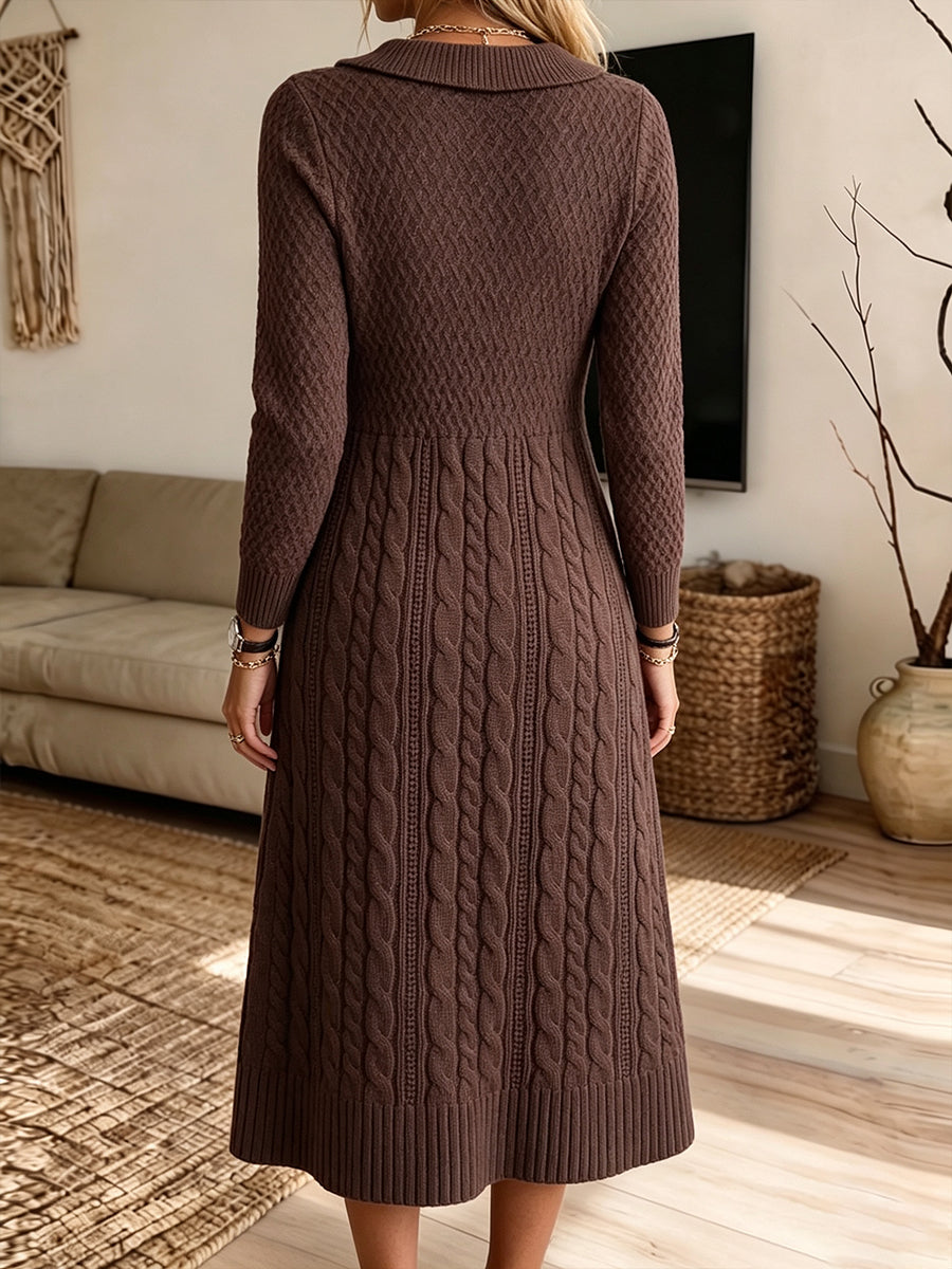 Vestido midi clásico marrón de punto trenzado con cuello