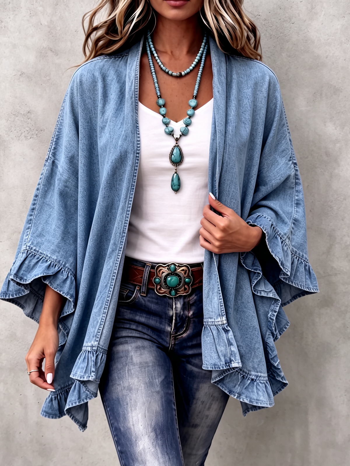 Cárdigan vaquero boho-chic con ribete de volantes