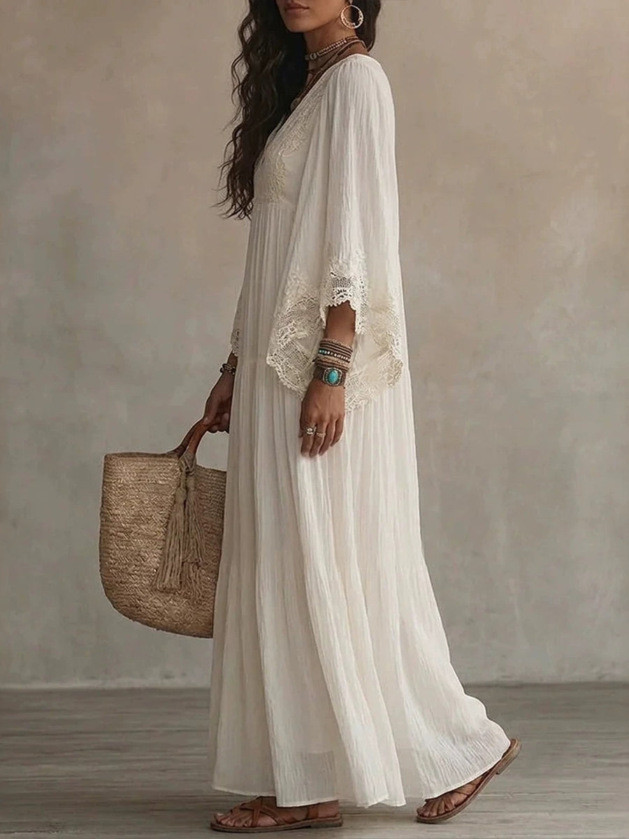 Vestido maxi romántico de encaje y gasa con patchwork