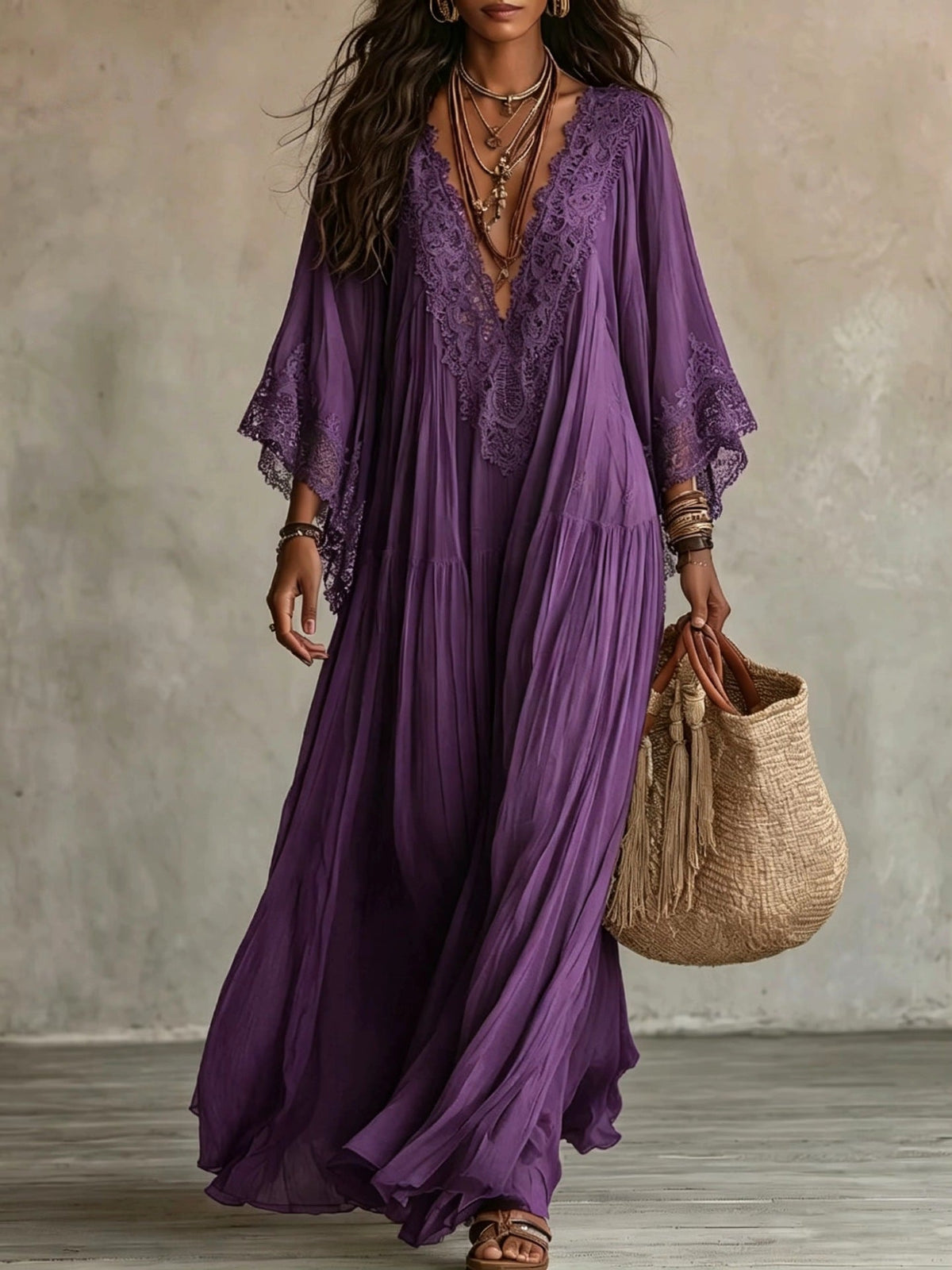 Vestido maxi romántico de encaje y gasa con patchwork