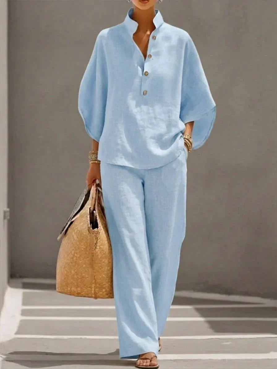 Sofía | Conjunto en lino con mangas murciélago y pantalón ancho