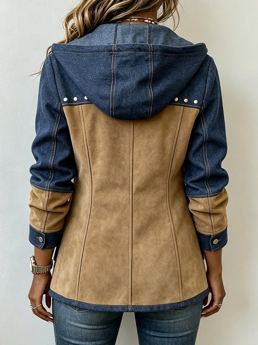 Elegante chaqueta con capucha de patchwork de algodón