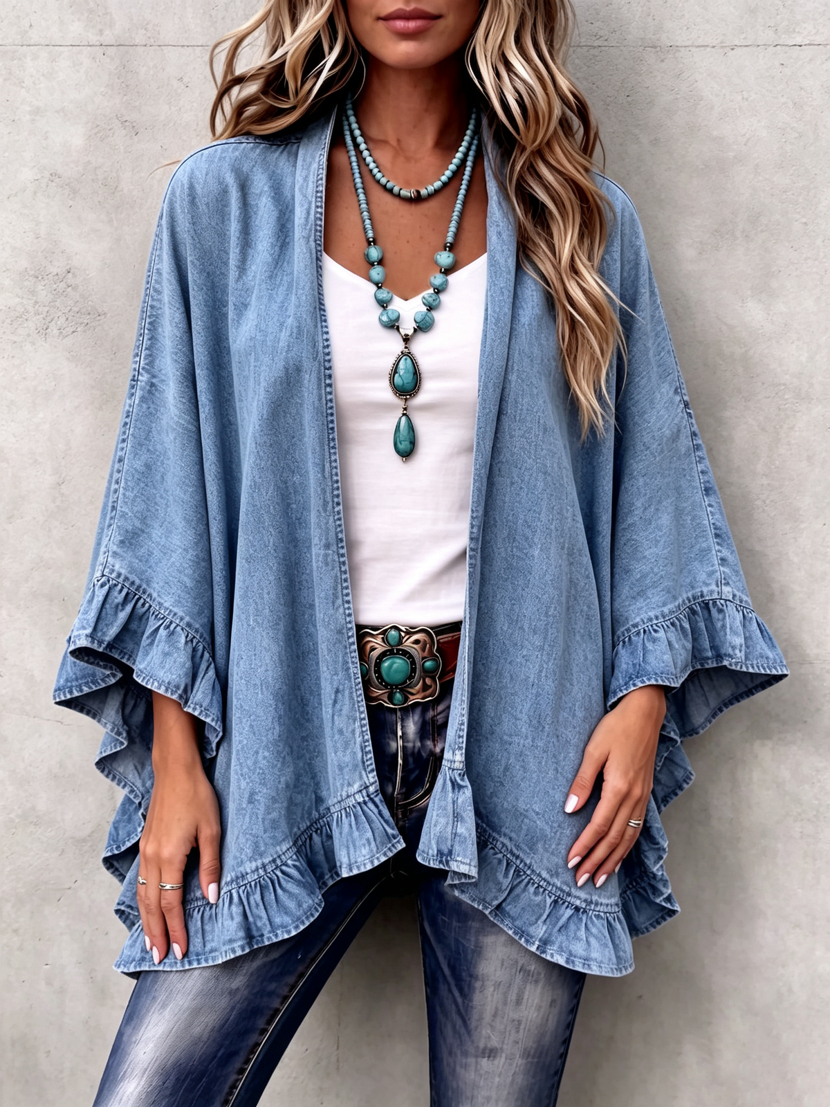 Cárdigan vaquero boho-chic con ribete de volantes