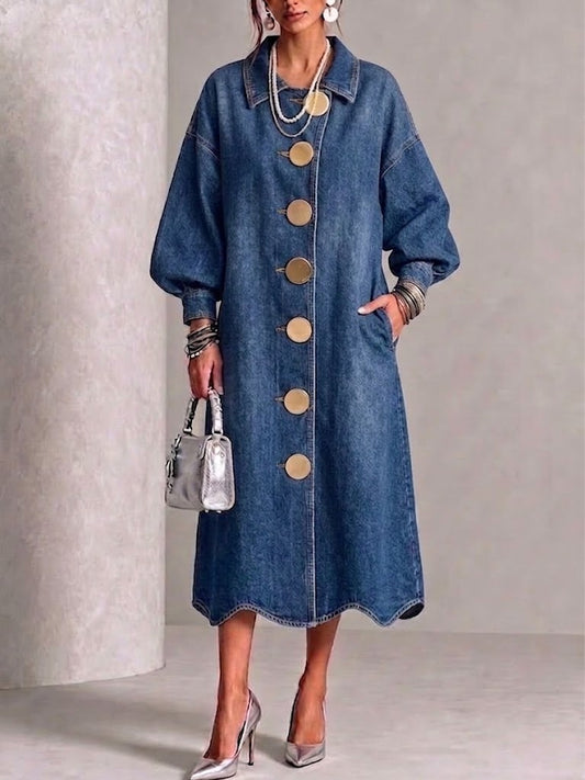 Vestido vaquero con solapas, botones dorados, mangas farol y bajo ondulado